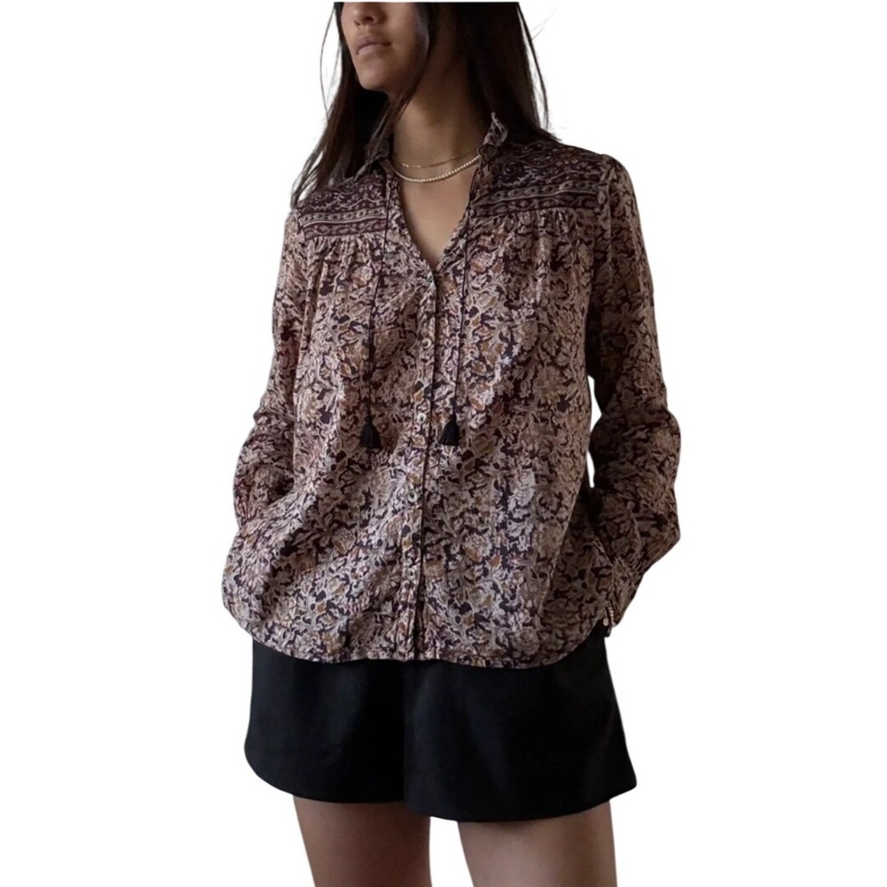 Maison Hotel Jolie Blouse Floral Paisley Block Print Cotton Tassel Blouse XS